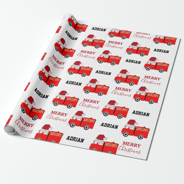 Papier Cadeau Chariot de feu rouge de Noël Nom personnalisé (Déroulé)