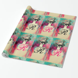 Papier Cadeau CHARME /Dame au Masque Monogramme rose Turquoise v