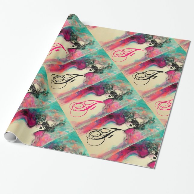 Papier Cadeau CHARME /Dame au Masque Monogramme rose Turquoise v (Déroulé)