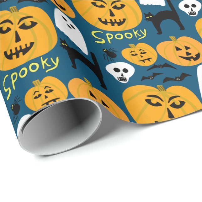 Papier Cadeau Charme Halloween Citrouilles fantôme Éffrayant (Coin rond)