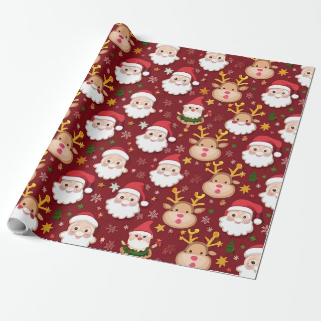 Papier Cadeau Charming Mini Père Noël et Reindeer Motif de Noël (Déroulé)