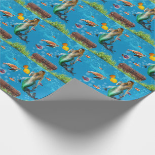 Papier Cadeau Chasse au trésor sous-marin Sirène Imaginaire bleu
