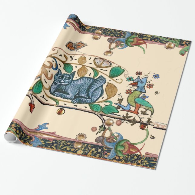 PAPIER CADEAU CHASSE BESTIAIRE MÉDIÉVALE LARGE CHAT, OISEAU ET F (Déroulé)