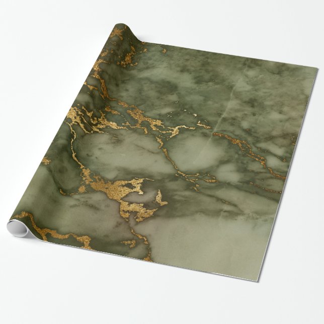 Papier Cadeau Chasseur d'or Marbre vert Fluide Métallique (Déroulé)