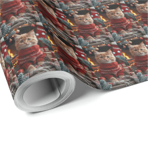 Papier Cadeau Chat angora turc avec cheminée de cadeaux de Noël