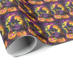 Papier Cadeau Chat angora turc effrayant Halloween Sorcière Citr