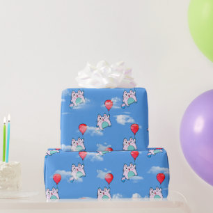 Papier Cadeau Chat avec Ballons Rouge dans les nuages