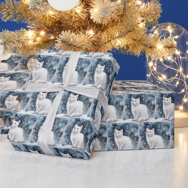 Papier Cadeau Chat Blanc Aquarelle Dans Les Flammes De Neige (Vacances)