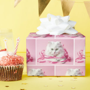 Papier Cadeau Chat blanc avec cabot rose