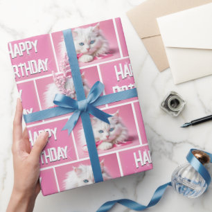 Papier Cadeau Chat Blanc Avec Rubans Roses