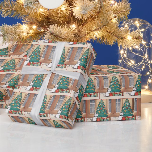 Papier Cadeau Chat Blanc Caricature Par Arbre De Noël (Vacances)