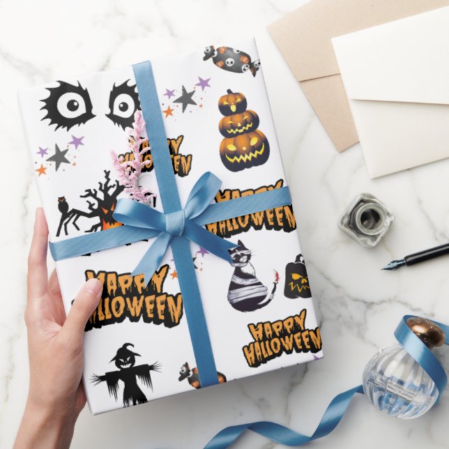 Papier Cadeau Chat Citrouille des yeux d'Halloween effrayante bl (Cadeaux)