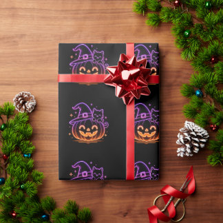 Papier cadeau chat citrouille Halloween néon migno