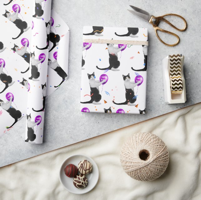 Papier Cadeau Chat d'anniversaire avec ballons et confetti (Artisanat)