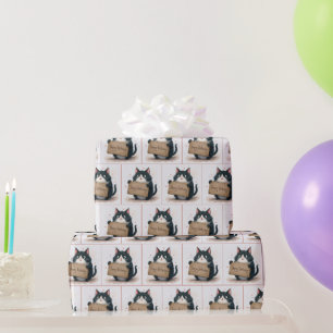 Papier Cadeau Chat De Dessin Avec Joyeux Panneau D'Anniversaire