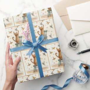 Papier Cadeau Chat de gingembre attraper un oiseau sur papier pe