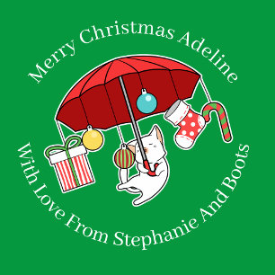 Papier Cadeau Chat De Noël Avec Parapluie Rouge Sur Vert