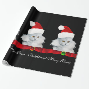 PAPIER CADEAU CHAT DE NOËL BLANC, CASQUETTE SANTA CLAUS ET RIBBO