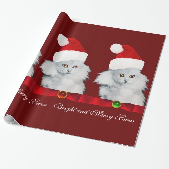 PAPIER CADEAU CHAT DE NOËL BLANC, CASQUETTE SANTA CLAUS ET RIBBO (Déroulé)