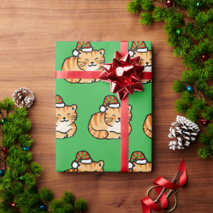 Papier Cadeau Chat de Noël Festif - Joli Chat avec Chapeau de Pè