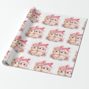 Papier Cadeau Chat de Noël rose mignon Motif