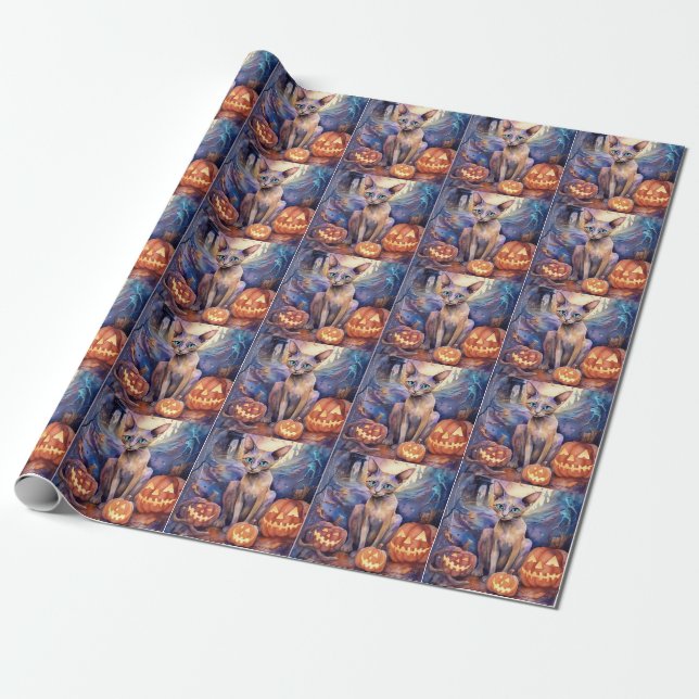 Papier Cadeau Chat d'Halloween Abyssinian avec la peur Citrouill (Déroulé)