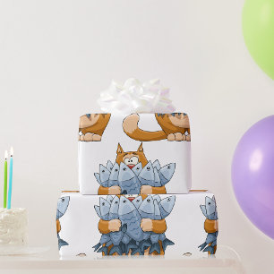 Papier Cadeau Chat Drôle Tenant un Poisson Dessin Animé Kitty Af