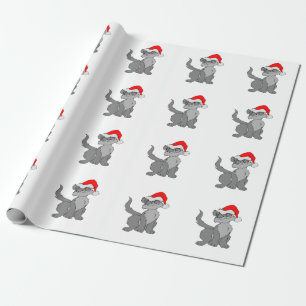 Papier Cadeau Chat du Père Noël avec chapeau de santa rouge