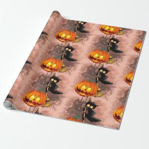 Papier Cadeau Chat effrayé par Citrouille Fun Halloween caractèr