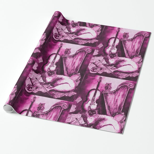 Papier Cadeau CHAT ET OWL DE MUSIQUE, Rose violet (Déroulé)
