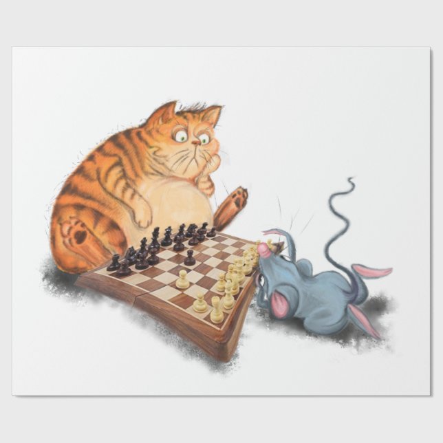 Papier Cadeau Chat et souris Jouer aux échecs Dessin amusant  (Plat)