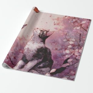 Papier Cadeau Chat Fleur de Cerisier et Papillons (2)