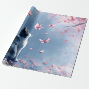 Papier Cadeau Chat Fleur de Cerisier et Papillons (4)