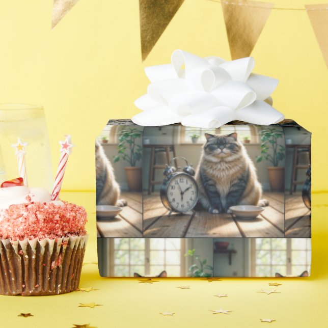 Papier Cadeau Chat gras en attente d'un bol d'alimentation vide (Fête d'anniversaire)