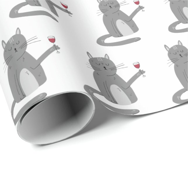 Papier Cadeau Chat Gris Au Vin Rouge (Coin rond)