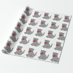 Papier Cadeau Chat gris avec le papier d'emballage d'arc rouge