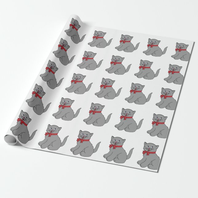 Papier Cadeau Chat gris avec le papier d'emballage d'arc rouge (Déroulé)