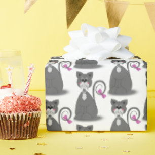 Papier Cadeau chat gris avec noeud rose