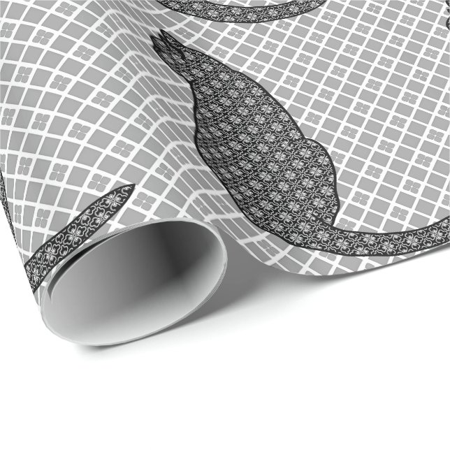 Papier Cadeau Chat japonais - copie noire et blanche de kimono (Coin rond)