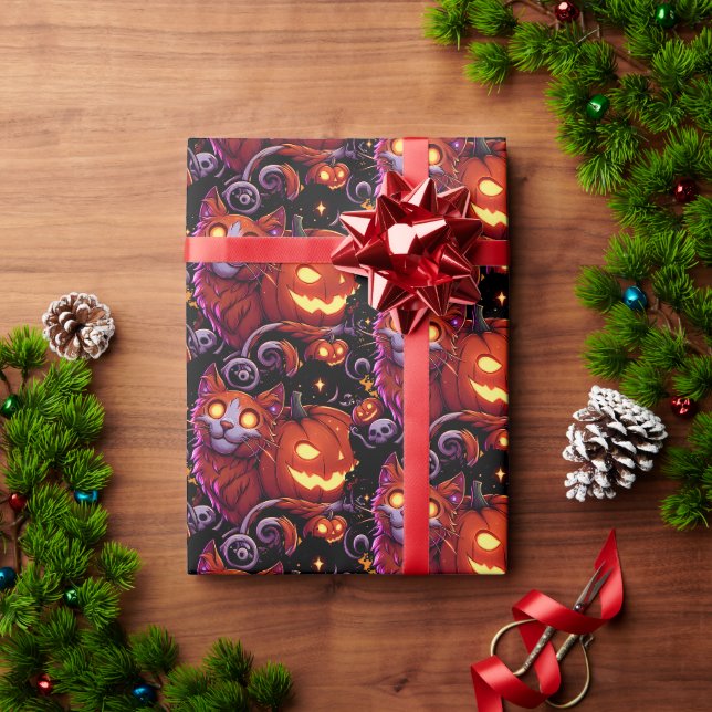 Papier Cadeau Chat mystique et Citrouilles brillants (Cadeau de vacances)