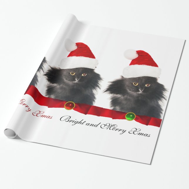 PAPIER CADEAU CHAT NOËL NOIR, CASQUETTE SANTA CLAUS ET RIBBON RO (Déroulé)