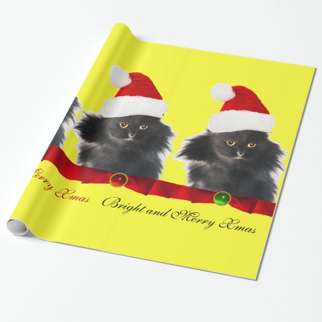 PAPIER CADEAU CHAT NOËL NOIR, CASQUETTE SANTA CLAUS ET RIBBON RO (Déroulé)
