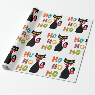 Papier Cadeau Chat noir avec design de texte Ho Ho Ho