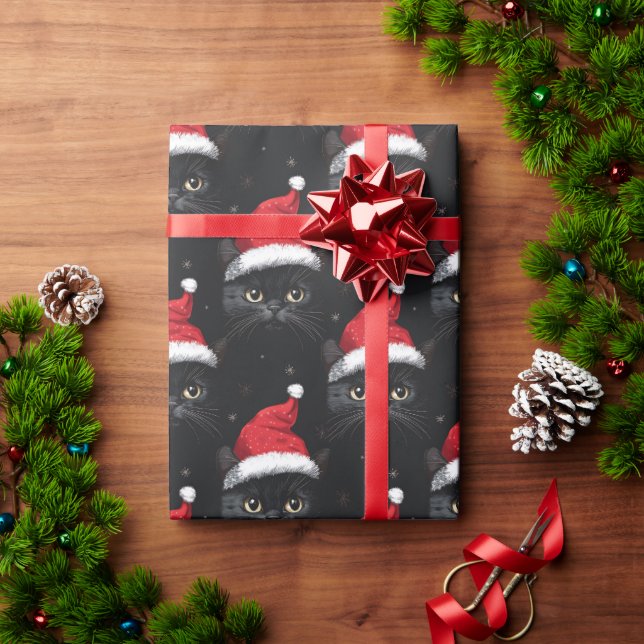 Papier Cadeau Chat noir de Noël Santa drôle (Cadeau de vacances)