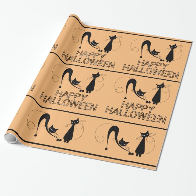 Papier Cadeau Chat Noir Élégant, Joyeux Halloween (Déroulé)