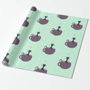 Papier Cadeau Chat noir en vert de tasse
