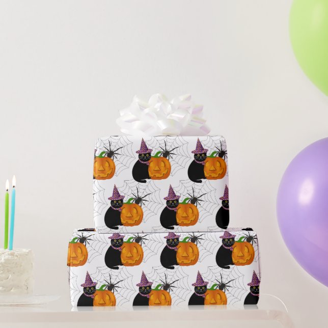 Papier Cadeau Chat noir et motif de citrouille d'Halloween artis (Cadeaux de fête)