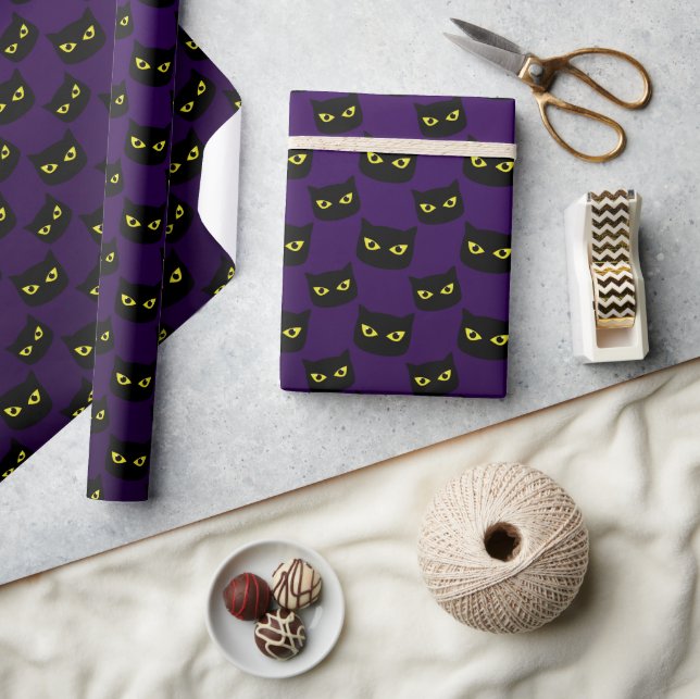 Papier Cadeau Chat noir et violet motif Halloween (Artisanat)