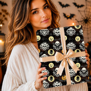 Papier Cadeau Chat noir gothique squelette damassé Halloween eff