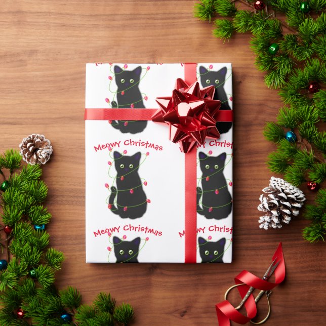 Papier Cadeau chat noir | Meowy Christmas | lumières scintillant (Cadeau de vacances)